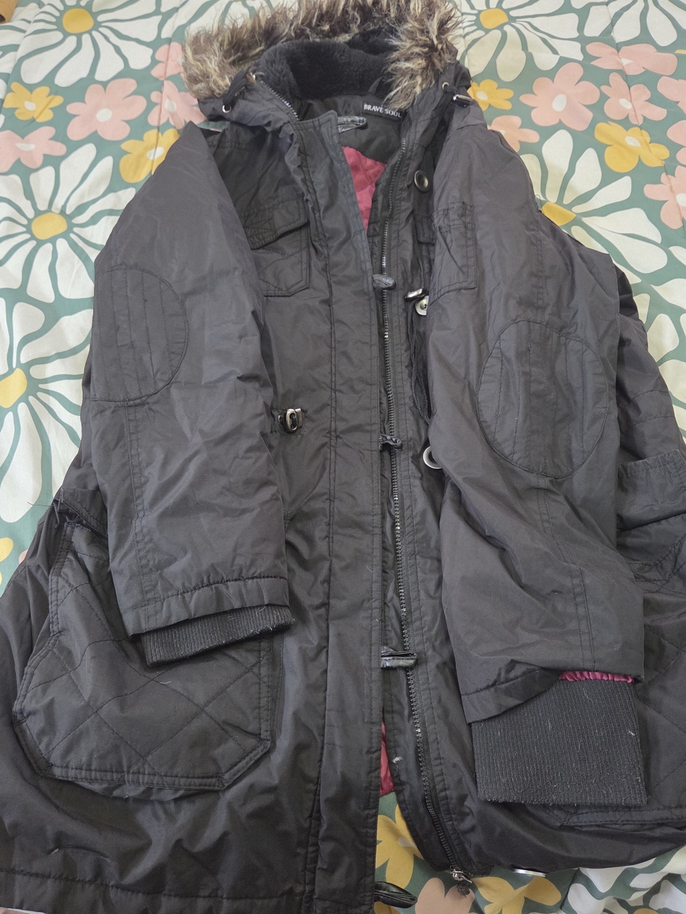 Brave Soul Black Winter Parka Jacket Coat Pink Lining Faux Fur Hood Size 2XL